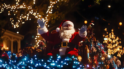 Festive Christmas Celebration with Santa Claus Surrounded by Twinkling Lights and Joyful Atmosphere