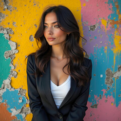 Fototapeta premium Confident woman posing against a colorful, peeling wall. Fashion meets urban decay in a bold and contrasting visual