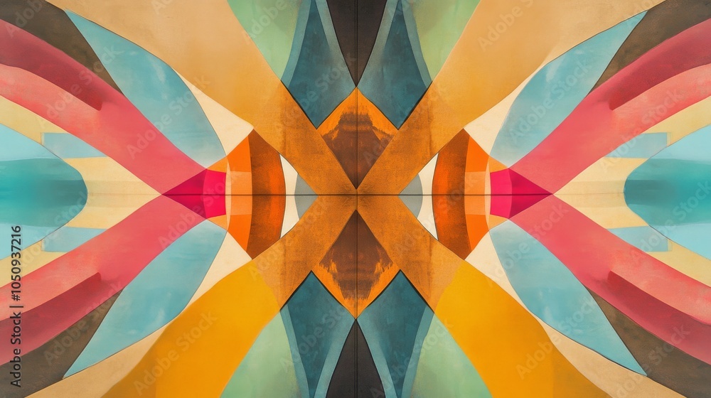 Poster an artistic representation of diverse abstract shapes converging towards a central point on a plain 