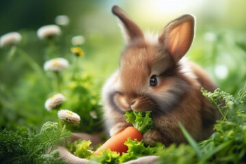 Ein niedlicher Hase sitzt auf einer gr&uuml;nen Wiese und knabbert an einer Karotte, umgeben von frischen Kr&auml;utern und Blumen &ndash; ideal f&uuml;r Fr&uuml;hlings- und Naturthemen. Generative KI.