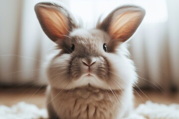 Obraz premium GPT IconEin flauschiger Hase mit großen Ohren sitzt entspannt auf einem weichen Teppich vor einem hellen Hintergrund – perfekt für Frühlingsgefühle und Osterfreude. Generative KI.