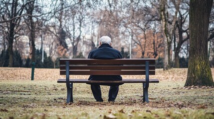 An elderly person sitting alone on a park bench symbolizing social isolation among the elderly, Reflecting the loneliness and neglect faced by senior citizens, minimalistic style