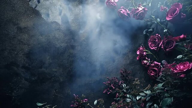 Mystical Rose Garden: A haunting and ethereal image of a shadowy, overgrown garden, adorned with vibrant crimson roses, shrouded in a veil of ethereal smoke. The scene evokes a sense of mystery.