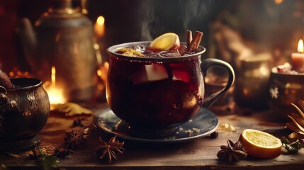 Mulled wine. Warm holiday drink background