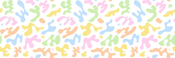 Fun pastel color seamless pattern for wrapping paper, flyer, poster, cover design, sticker and toys. Retro hippie design. Childish doodle wallpaper print set.