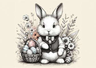 Fototapeta premium Ein niedlicher Osterhase mit Fliege und Weste, neben einem Korb mit Ostereiern, umgeben von Blumen in einer detailreichen Schwarz-Weiß-Zeichnung – perfekt für Osterdesigns. Generative KI.