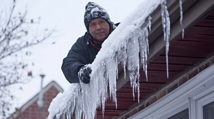 Man applying ice melt granules to roof gutters to prevent ice buildup and ensure safety during winter. scene captures importance of home maintenance in cold weather