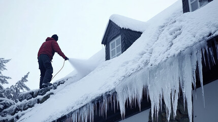 technician is using steam machine to melt ice dams on snowy roof, ensuring safety and preventing damage. scene captures winter atmosphere and importance of maintenance