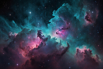 Obraz premium Nebula in deep space with vibrant teal, pink, and lavender clouds; stars glowing softly in the distance