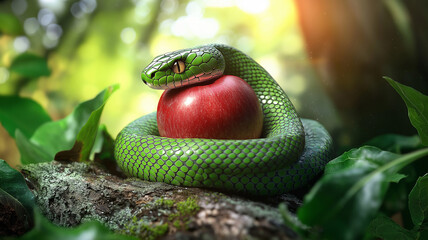 The concept of temptation in the form of an apple and a snake in paradise
