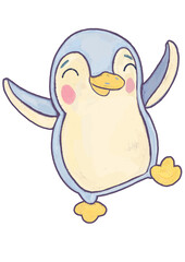  Children's illustration of cute blue penguin on white background hand drawn