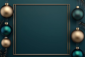 Abstract Luxury Christmas ornaments hanging on the sides of a square frame with realistic gold and green baubles, and star. Xmas festive green background with decorative balls.