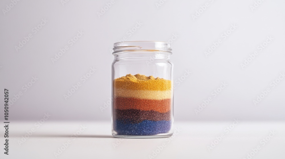 Poster an evocative image of a clear, glass jar filled with multicolored sand layers, each layer representi