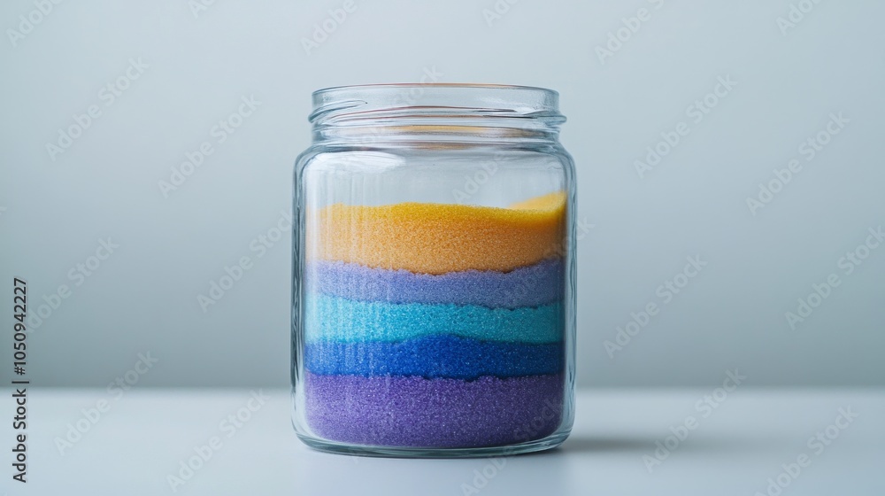 Poster an evocative image of a clear, glass jar filled with multicolored sand layers, each layer representi