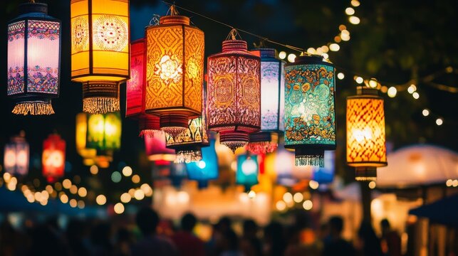An evocative image of a series of colorful lanterns, each designed with different cultural patterns, floating above a diverse crowd