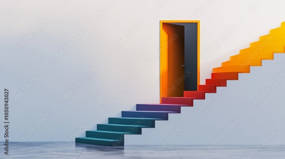 Poster An evocative image of access to opportunity, featuring a staircase with steps of varying colors and sizes leading to an open door, Symbolizing the journey towards equal access and opportunity