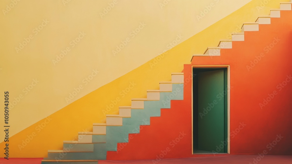 Poster An evocative image of access to opportunity, featuring a staircase with steps of varying colors and sizes leading to an open door, Symbolizing the journey towards equal access and opportunity