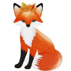 Obraz premium A cute orange fox sitting wearing a flower crown, Autumn Watercolor Illustration,Cute Animal Watercolor 