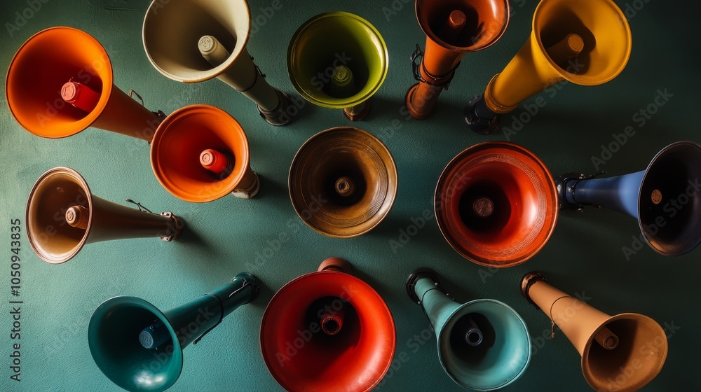Poster An evocative image of diverse voices, showing a range of megaphones of various colors and styles arranged in a circle, Representing the amplification of diverse perspectives in a unified manner