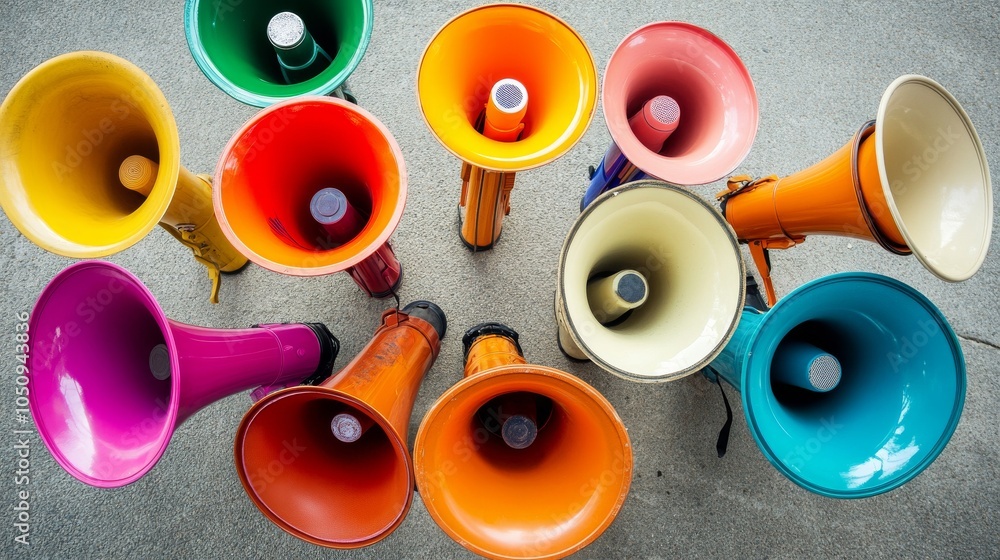 Poster An evocative image of diverse voices, showing a range of megaphones of various colors and styles arranged in a circle, Representing the amplification of diverse perspectives in a unified manner