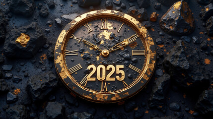 Obraz premium A clock with the number 2025 on it sitting on a pile of rocks