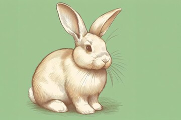 Obraz premium Ein niedlicher Hase / Osterhase mit weichem, beigem Fell sitzt vor einem grünen Hintergrund, der Frühlingsgefühle weckt. Perfekt für die Osterzeit als Grußkarte. Generative KI.