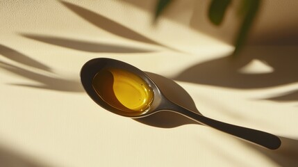 Spoon with oil. Oil concept background