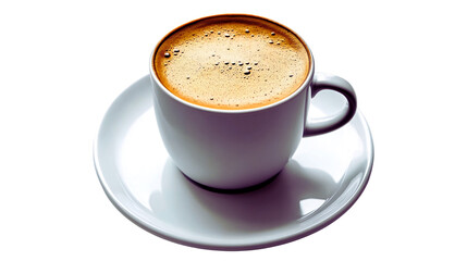 A white cup of steaming espresso on a white saucer isolated on transparant background. Generative ai