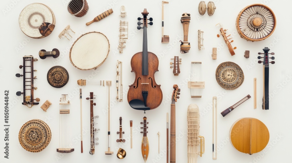 Poster an evocative portrayal of different musical instruments from around the world forming a harmonious o