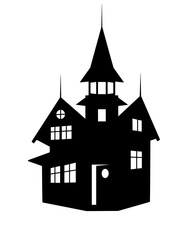 Mansion with tower - black vector silhouette. Big house Halloween illustration - silhouette. A haunted house is an element for a festive decor.	