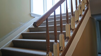 A wobbly or unstable handrail along a staircase posing a risk of falls for anyone using the stairs