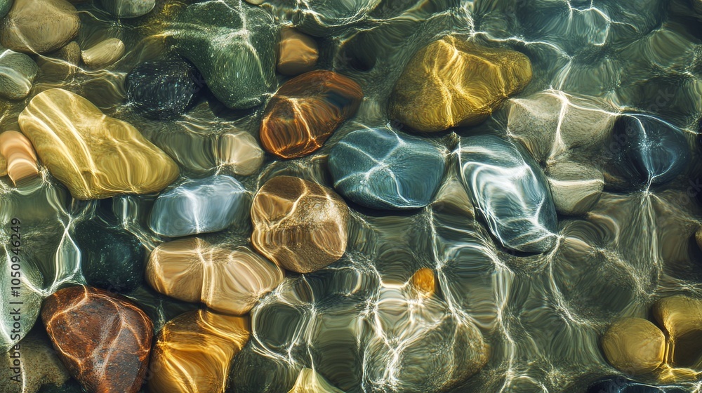 Poster An evocative scene of a flowing river with varied colored pebbles visible through the clear water, Symbolizing the smooth integration and beauty of diverse elements within a unified environment