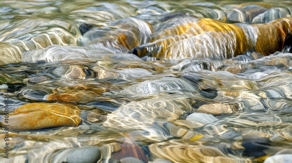 Poster An evocative scene of a flowing river with varied colored pebbles visible through the clear water, Symbolizing the smooth integration and beauty of diverse elements within a unified environment