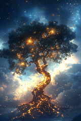 celestial tree with glowing branches under a starry sky, surrounded by clouds and cosmic energy