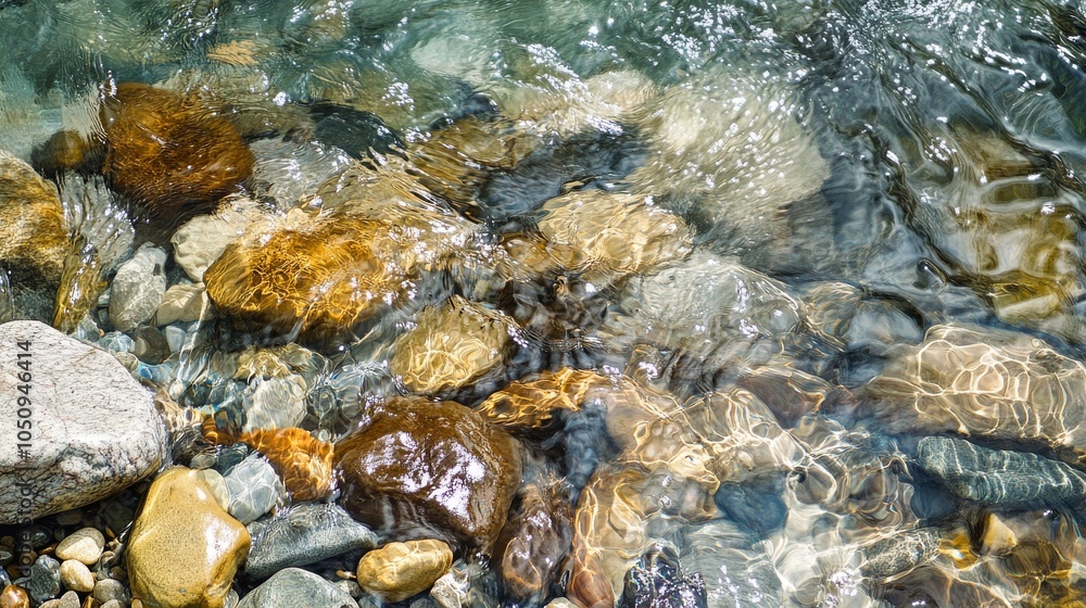 Poster An evocative scene of a flowing river with varied colored pebbles visible through the clear water, Symbolizing the smooth integration and beauty of diverse elements within a unified environment