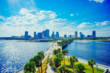 St petersburg, Florida, USA - 10 26 2024: The landscape of St petersburg downtown, harbor and pier: aerial view