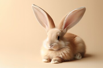 Obraz premium Ein niedlicher, flauschiger Hase / Kaninchen sitzt entspannt auf einem neutralen Hintergrund. Die Darstellung ist sanft und detailreich, ideal für Frühlings- oder Osterdekorationen. Generative KI.
