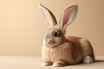 Obraz premium Ein niedlicher, flauschiger Hase / Kaninchen sitzt entspannt auf einem neutralen Hintergrund. Die Darstellung ist sanft und detailreich, ideal für Frühlings- oder Osterdekorationen. Generative KI.