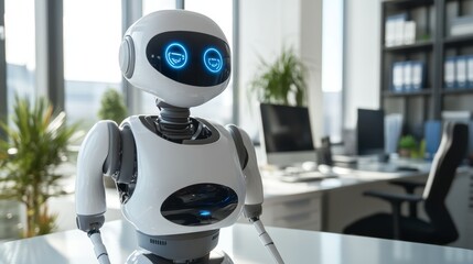 Fototapeta premium Ai-powered humanoid robot responding to commands through speech recognition in a modern workspace with futuristic technology