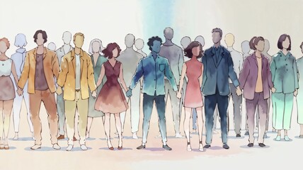 Fototapeta premium DEI, Diversity equity and inclusion concept. People figures in the anime style. Team work, diverse culture. Copy space and selective focus. High quality photo