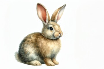 Fototapeta premium Ein naturgetreuer, zarter Hase sitzt aufmerksam vor einem weißen Hintergrund – ideal für klassische und minimalistische Oster- oder Frühlingsmotive. Generative KI.