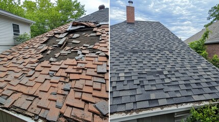 Before and after split-image of a roof: left side shows missing shingles from storm damage; right side displays a newly repaired roof with all shingles replaced.