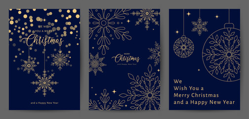 Merry Christmas and Happy New Year set of greeting card, poster, cover. Winter illustration with gold snowflakes in blue color. Modern universal templates. Corporate Holiday cards, invitations