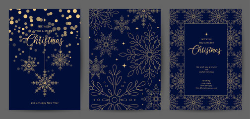Merry Christmas and Happy New Year set of greeting card, poster, cover. Winter illustration with gold snowflakes in blue color. Modern universal templates. Corporate Holiday cards, invitations