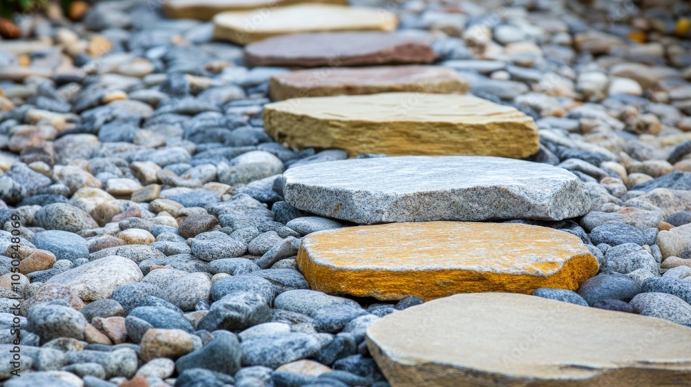 Poster an evocative scene of different colored and textured stones forming a single, elegant pathway leadin