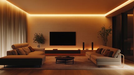 Cozy modern minimalist living room with soft ambient lighting and sleek furniture perfect for relaxing or entertaining guests