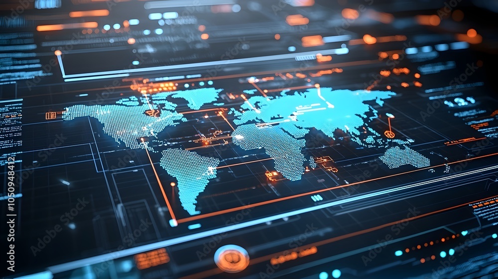 Poster Futuristic 3D polygonal map visualization with radiant glowing lines and points illustrating global digital interaction and technological advancement