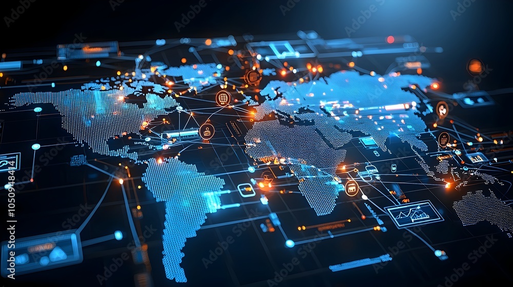 Poster Futuristic 3D polygonal map with radiant glowing lines and points illustrating global digital interaction and technological advancement