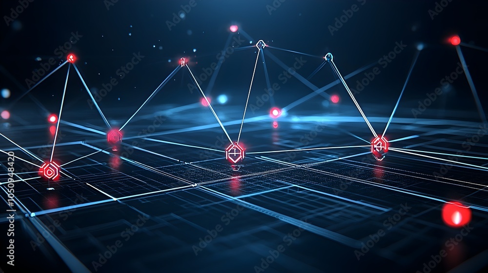 Poster Dynamic and interactive 3D rendering of a geometric polygonal map design with vibrant glowing edges and nodes symbolizing advanced technology innovation and interconnectivity