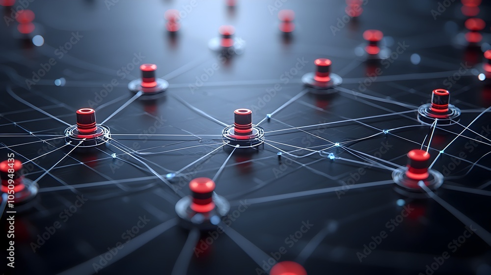 Poster Dynamic 3D rendering of a geometric polygonal map with vibrant glowing edges and nodes symbolizing the interconnected nature of advanced technology and innovative digital systems